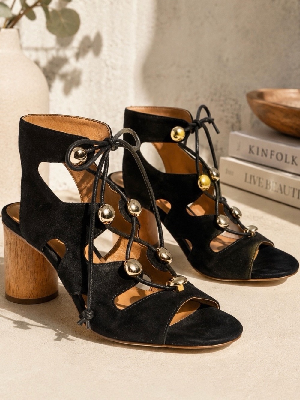 Rebecca Minkoff ‘Adiv’ Lace Up Wooden Heels in Black Kid Suede Size 6.5